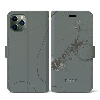 【五島（長崎県）】地図柄iPhoneケース（手帳タイプ）モノトーン・iPhone 11 Pro 用