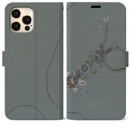 【五島（長崎県）】地図柄iPhoneケース（手帳タイプ）モノトーン・iPhone 12 Pro Max 用