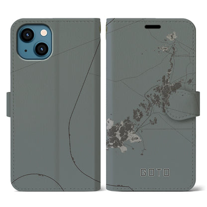【五島（長崎県）】地図柄iPhoneケース（手帳タイプ）モノトーン・iPhone 13 用