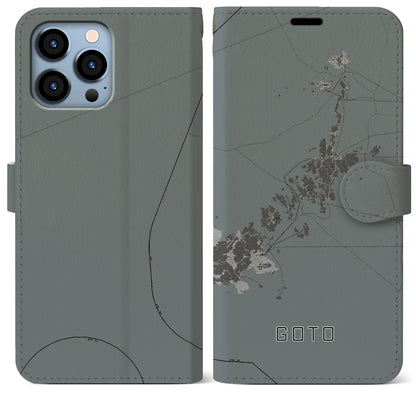 【五島（長崎県）】地図柄iPhoneケース（手帳タイプ）モノトーン・iPhone 13 Pro Max 用