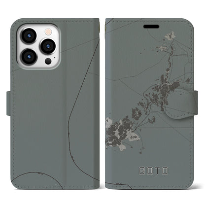 【五島（長崎県）】地図柄iPhoneケース（手帳タイプ）モノトーン・iPhone 13 Pro 用