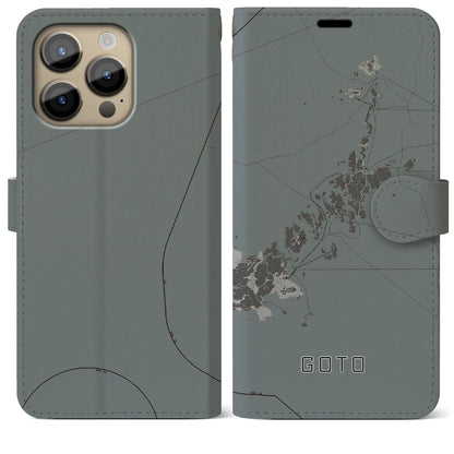 【五島（長崎県）】地図柄iPhoneケース（手帳タイプ）モノトーン・iPhone 14 Pro Max 用