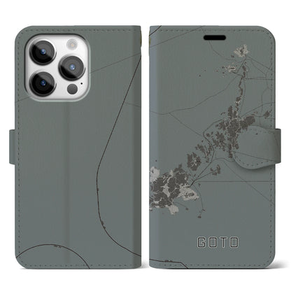 【五島（長崎県）】地図柄iPhoneケース（手帳タイプ）モノトーン・iPhone 14 Pro 用