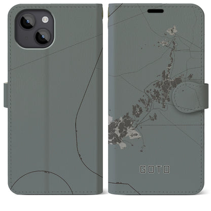 【五島（長崎県）】地図柄iPhoneケース（手帳タイプ）モノトーン・iPhone 14 Plus 用