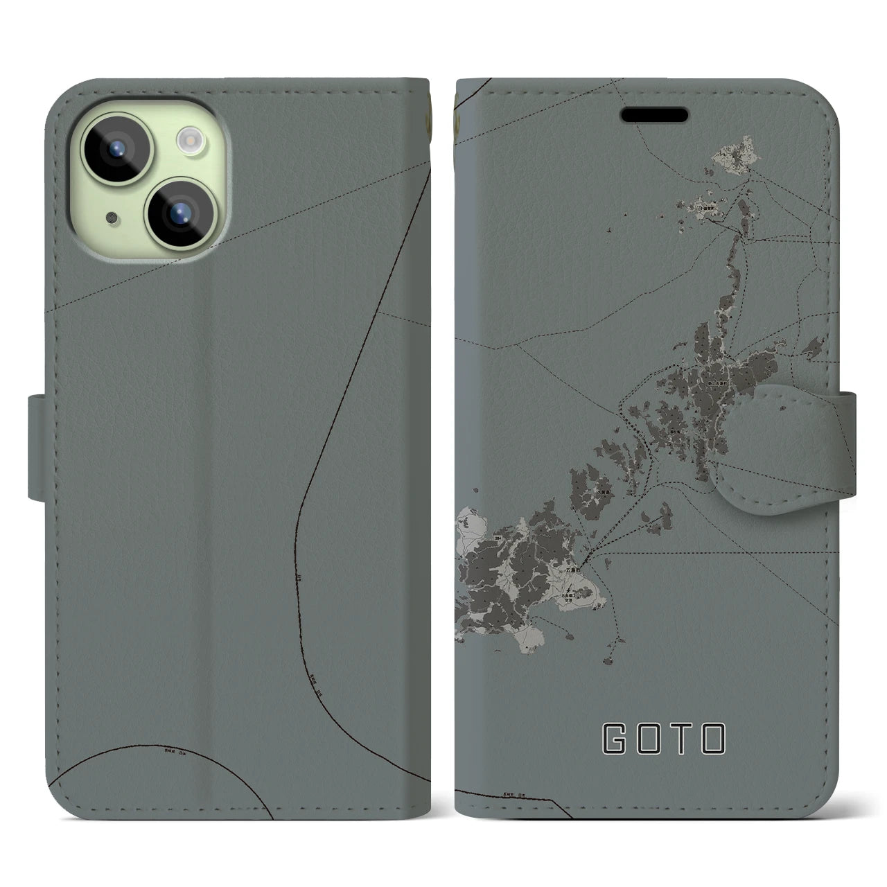 【五島】地図柄iPhoneケース（手帳両面タイプ・モノトーン）iPhone 15 用
