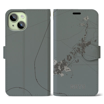 【五島（長崎県）】地図柄iPhoneケース（手帳タイプ）モノトーン・iPhone 15 用