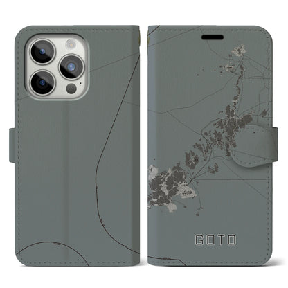 【五島（長崎県）】地図柄iPhoneケース（手帳タイプ）モノトーン・iPhone 15 Pro 用