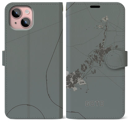 【五島（長崎県）】地図柄iPhoneケース（手帳タイプ）モノトーン・iPhone 15 Plus 用