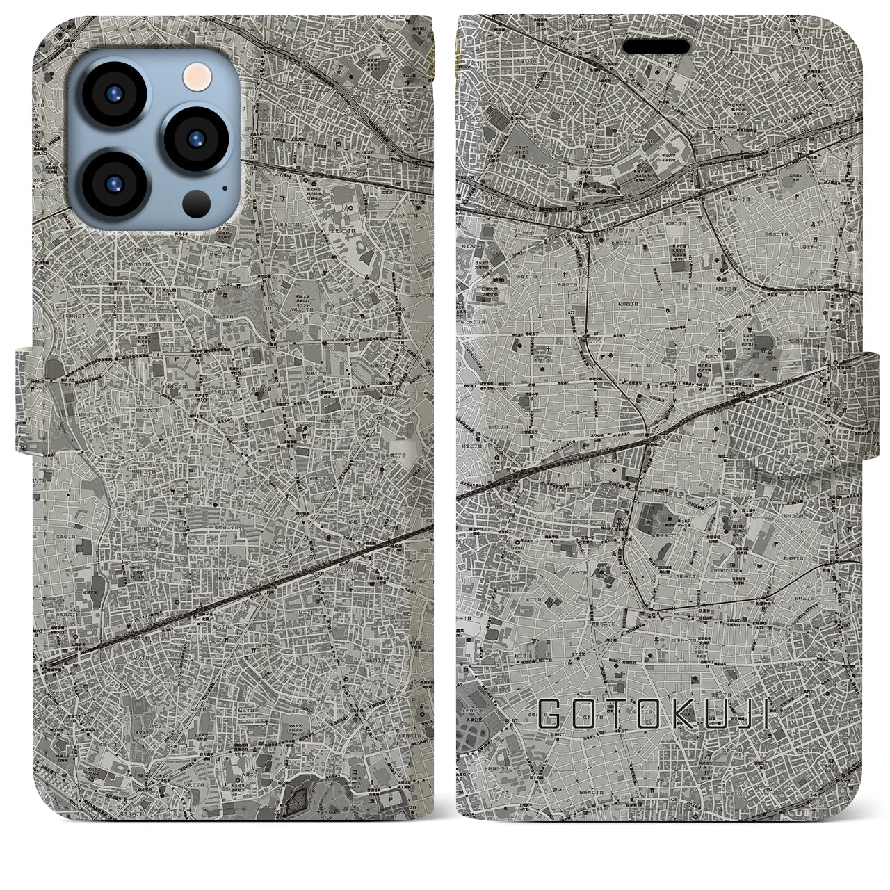 【豪徳寺】地図柄iPhoneケース（手帳両面タイプ・モノトーン）iPhone 13 Pro Max 用