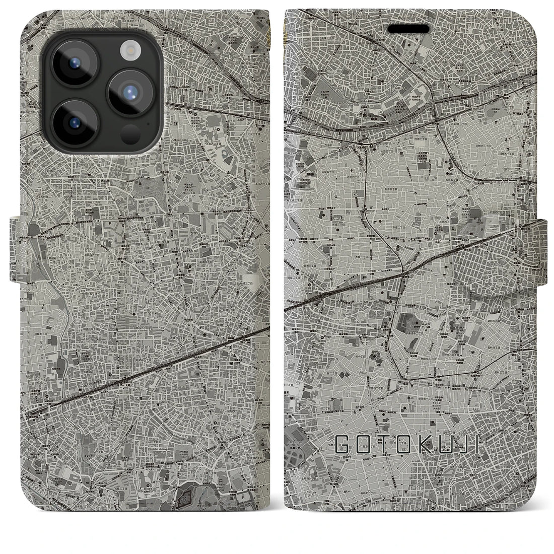 【豪徳寺】地図柄iPhoneケース（手帳両面タイプ・モノトーン）iPhone 15 Pro Max 用