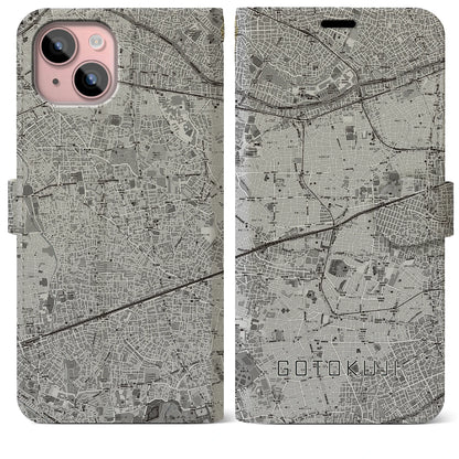 【豪徳寺（東京都）】地図柄iPhoneケース（手帳タイプ）モノトーン・iPhone 15 Plus 用