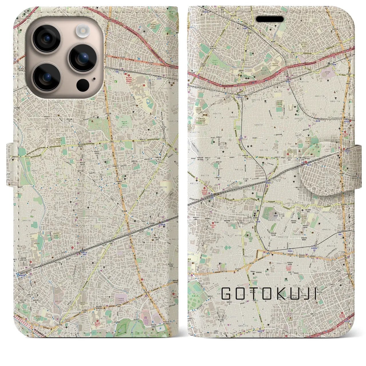 【豪徳寺（東京都）】地図柄iPhoneケース（手帳タイプ）ナチュラル・iPhone 16 Plus 用