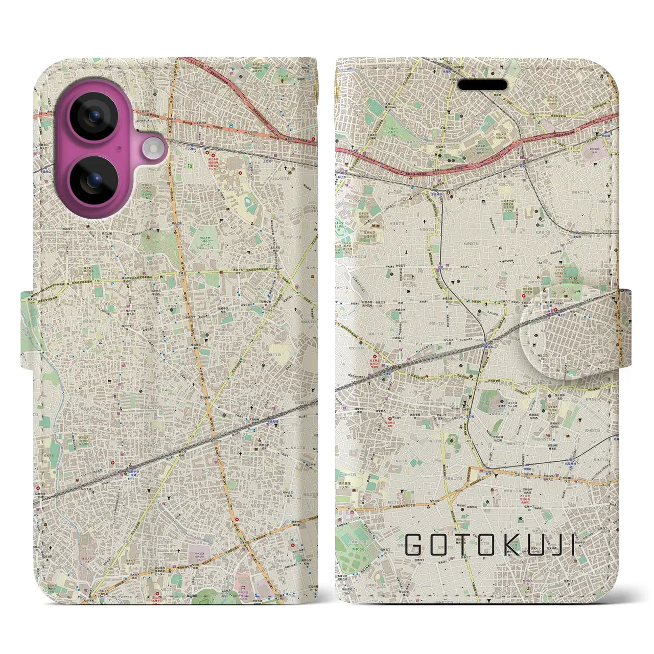 【豪徳寺（東京都）】地図柄iPhoneケース（手帳タイプ）ナチュラル・iPhone 16 Pro 用