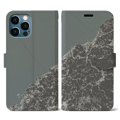 【江津（島根県）】地図柄iPhoneケース（手帳タイプ）モノトーン・iPhone 12 / 12 Pro 用