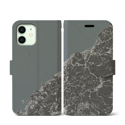 【江津（島根県）】地図柄iPhoneケース（手帳タイプ）モノトーン・iPhone 12 mini 用