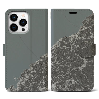 【江津（島根県）】地図柄iPhoneケース（手帳タイプ）モノトーン・iPhone 13 Pro 用
