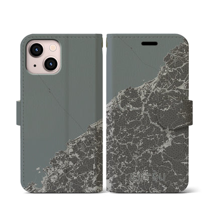 【江津（島根県）】地図柄iPhoneケース（手帳タイプ）モノトーン・iPhone 13 mini 用