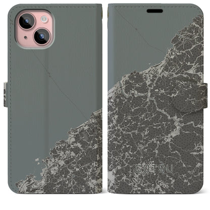 【江津（島根県）】地図柄iPhoneケース（手帳タイプ）モノトーン・iPhone 15 Plus 用