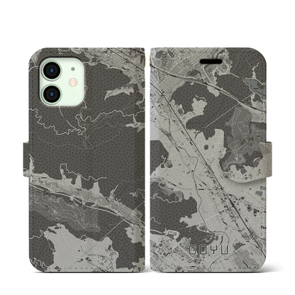 【御油（愛知県）】地図柄iPhoneケース（手帳タイプ）モノトーン・iPhone 12 mini 用