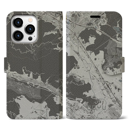 【御油（愛知県）】地図柄iPhoneケース（手帳タイプ）モノトーン・iPhone 13 Pro 用