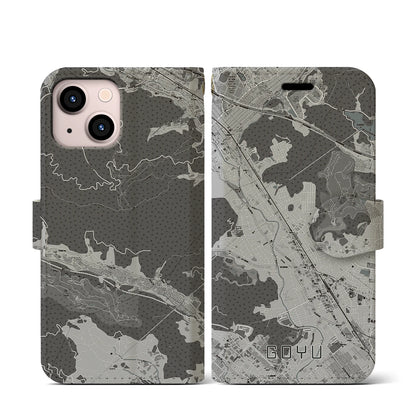 【御油（愛知県）】地図柄iPhoneケース（手帳タイプ）モノトーン・iPhone 13 mini 用