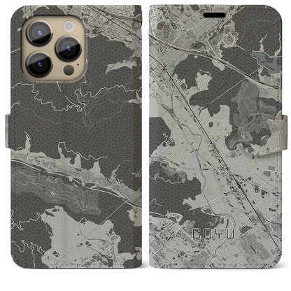 【御油（愛知県）】地図柄iPhoneケース（手帳タイプ）モノトーン・iPhone 14 Pro Max 用