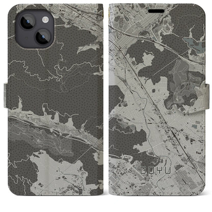 【御油（愛知県）】地図柄iPhoneケース（手帳タイプ）モノトーン・iPhone 14 Plus 用