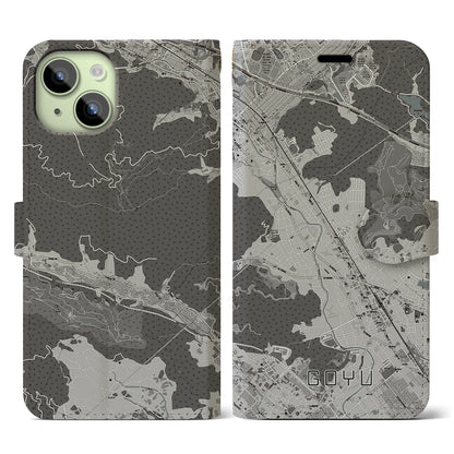 【御油（愛知県）】地図柄iPhoneケース（手帳タイプ）モノトーン・iPhone 15 用