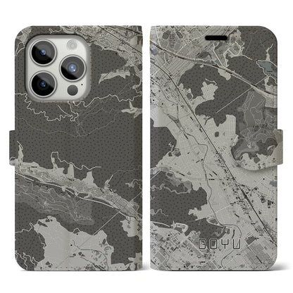 【御油（愛知県）】地図柄iPhoneケース（手帳タイプ）モノトーン・iPhone 15 Pro 用
