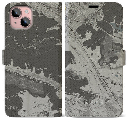 【御油（愛知県）】地図柄iPhoneケース（手帳タイプ）モノトーン・iPhone 15 Plus 用