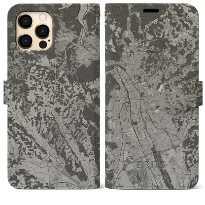 【グラーツ（オーストリア）】地図柄iPhoneケース（手帳タイプ）モノトーン・iPhone 12 Pro Max 用