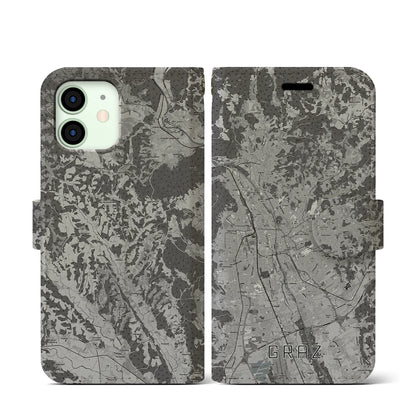 【グラーツ（オーストリア）】地図柄iPhoneケース（手帳タイプ）モノトーン・iPhone 12 mini 用
