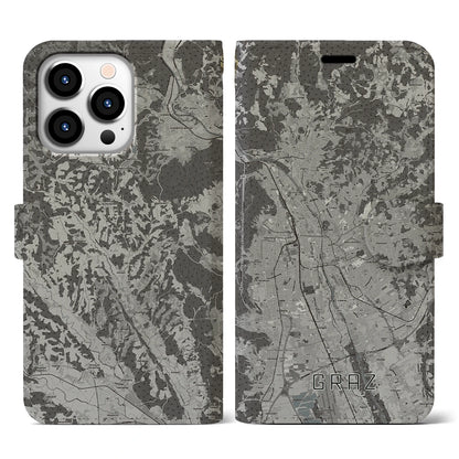 【グラーツ（オーストリア）】地図柄iPhoneケース（手帳タイプ）モノトーン・iPhone 13 Pro 用