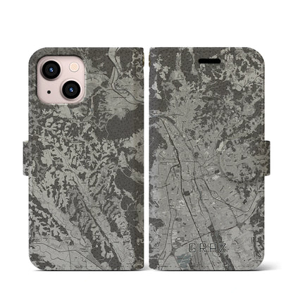 【グラーツ（オーストリア）】地図柄iPhoneケース（手帳タイプ）モノトーン・iPhone 13 mini 用