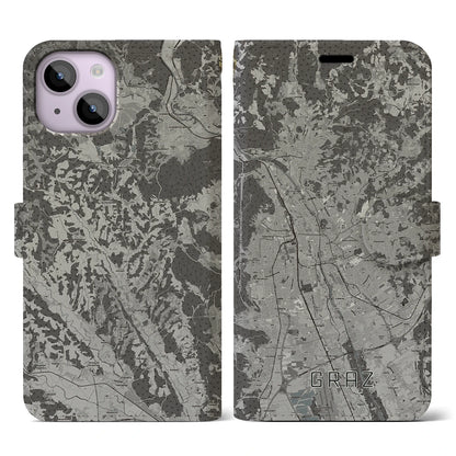 【グラーツ（オーストリア）】地図柄iPhoneケース（手帳タイプ）モノトーン・iPhone 14 用