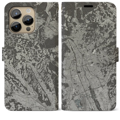 【グラーツ（オーストリア）】地図柄iPhoneケース（手帳タイプ）モノトーン・iPhone 14 Pro Max 用