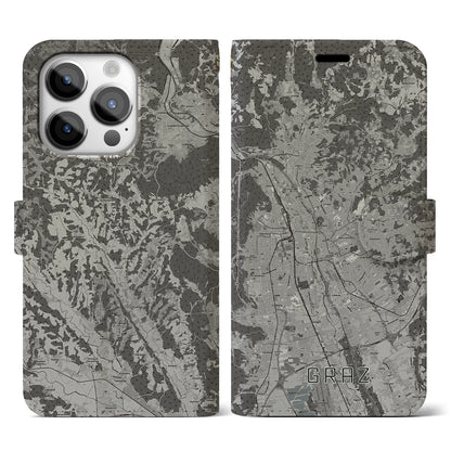 【グラーツ（オーストリア）】地図柄iPhoneケース（手帳タイプ）モノトーン・iPhone 14 Pro 用