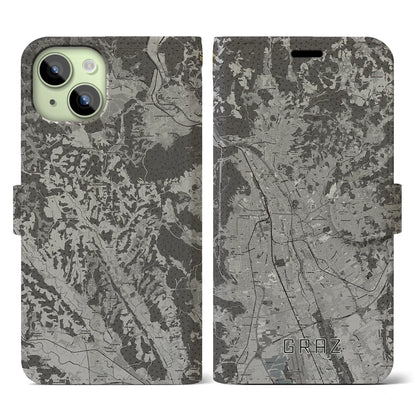 【グラーツ（オーストリア）】地図柄iPhoneケース（手帳タイプ）モノトーン・iPhone 15 用