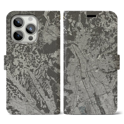【グラーツ（オーストリア）】地図柄iPhoneケース（手帳タイプ）モノトーン・iPhone 15 Pro 用