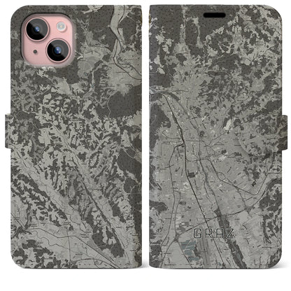 【グラーツ（オーストリア）】地図柄iPhoneケース（手帳タイプ）モノトーン・iPhone 15 Plus 用