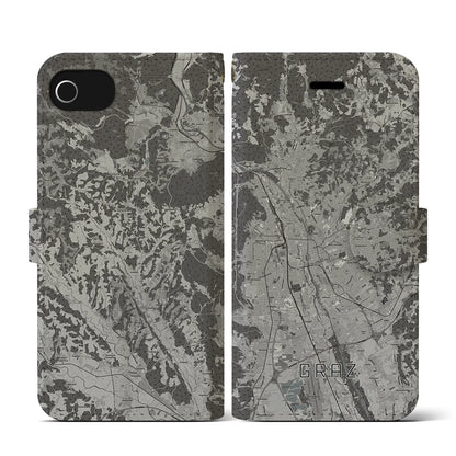 【グラーツ（オーストリア）】地図柄iPhoneケース（手帳タイプ）モノトーン・iPhone SE（第3 / 第2世代） / 8 / 7 / 6s / 6 用