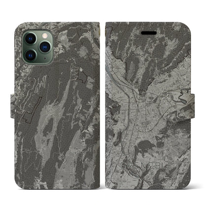 【グルノーブル（フランス）】地図柄iPhoneケース（手帳タイプ）モノトーン・iPhone 11 Pro 用