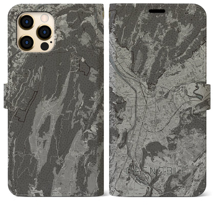 【グルノーブル（フランス）】地図柄iPhoneケース（手帳タイプ）モノトーン・iPhone 12 Pro Max 用