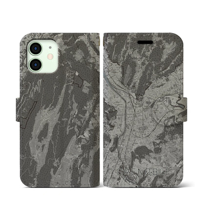 【グルノーブル（フランス）】地図柄iPhoneケース（手帳タイプ）モノトーン・iPhone 12 mini 用