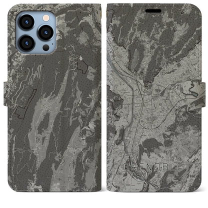 【グルノーブル（フランス）】地図柄iPhoneケース（手帳タイプ）モノトーン・iPhone 13 Pro Max 用