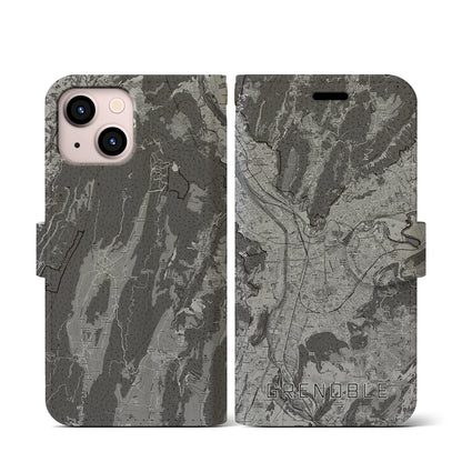 【グルノーブル（フランス）】地図柄iPhoneケース（手帳タイプ）モノトーン・iPhone 13 mini 用