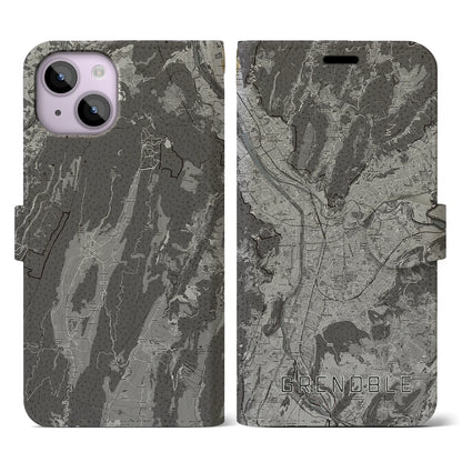 【グルノーブル（フランス）】地図柄iPhoneケース（手帳タイプ）モノトーン・iPhone 14 用
