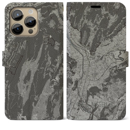 【グルノーブル（フランス）】地図柄iPhoneケース（手帳タイプ）モノトーン・iPhone 14 Pro Max 用