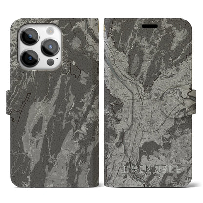 【グルノーブル（フランス）】地図柄iPhoneケース（手帳タイプ）モノトーン・iPhone 14 Pro 用