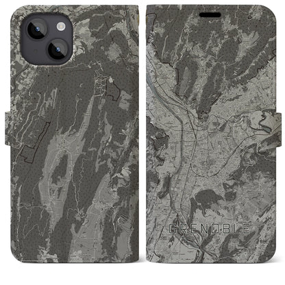 【グルノーブル（フランス）】地図柄iPhoneケース（手帳タイプ）モノトーン・iPhone 14 Plus 用